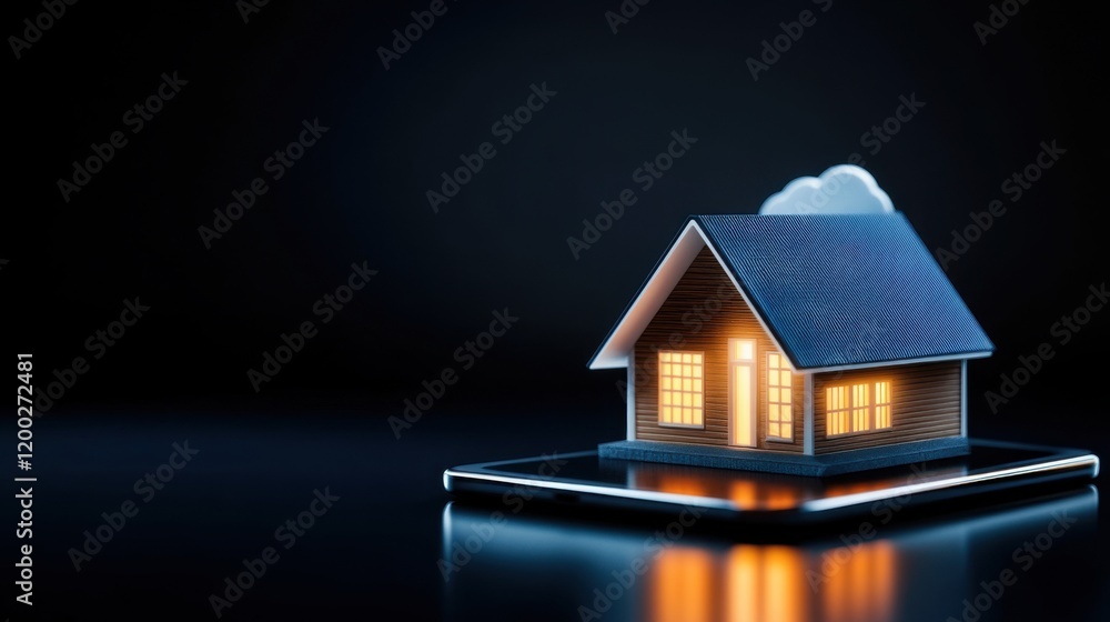 Poster concept of smart home technology with house model on smartphone display in dark background