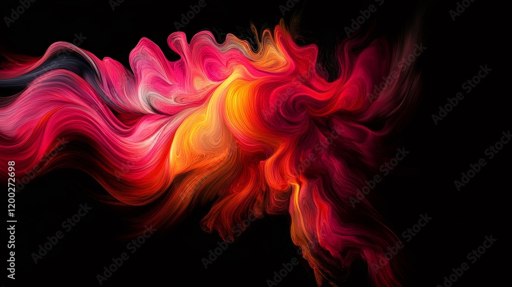 Poster vibrant red and orange lines weaving together, forming dynamic abstract pattern pulsing with fluid, 