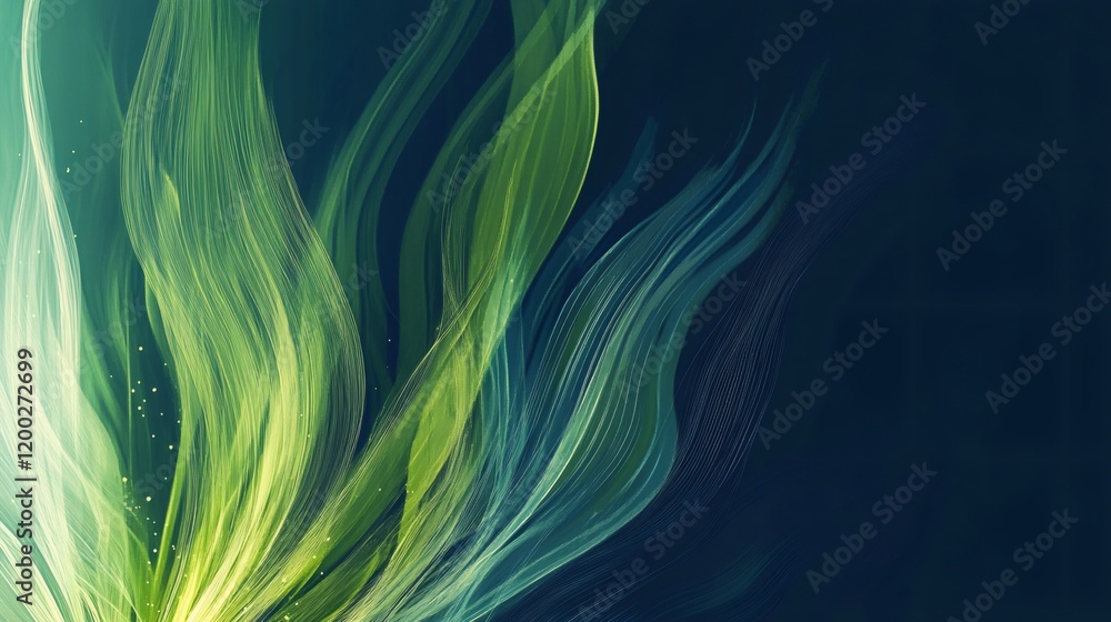 Poster abstract background with flowing green and blue lines on a dark background, creating a dynamic and v