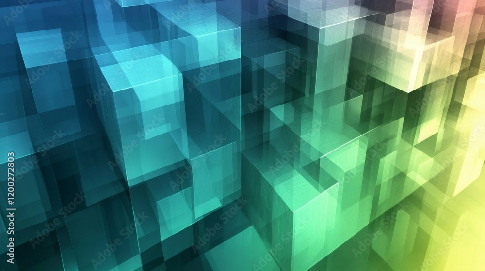 Poster overlapping translucent cubes create a chaotic and colorful pattern, an abstract background suitable