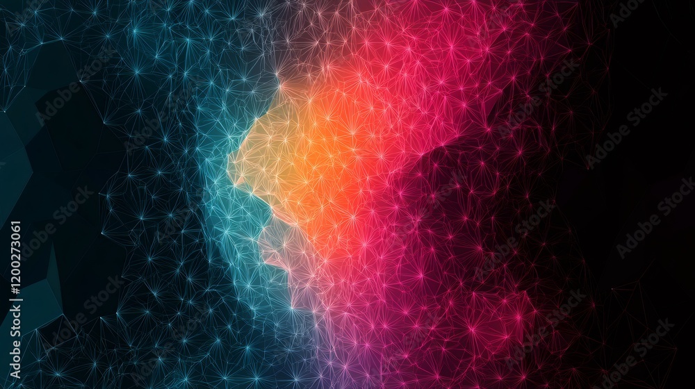 Poster colorful gradient mesh background with connecting lines and dots forming polygons, ideal for web des