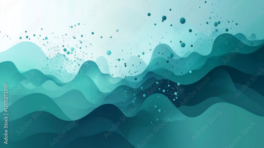 Poster turquoise abstract waves flowing gracefully, creating a dynamic backdrop filled with particles, perf