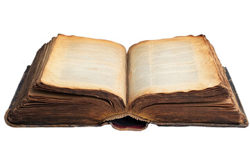 Open antique book with yellowed pages and worn cover isolated on transparent background for educational and artistic uses