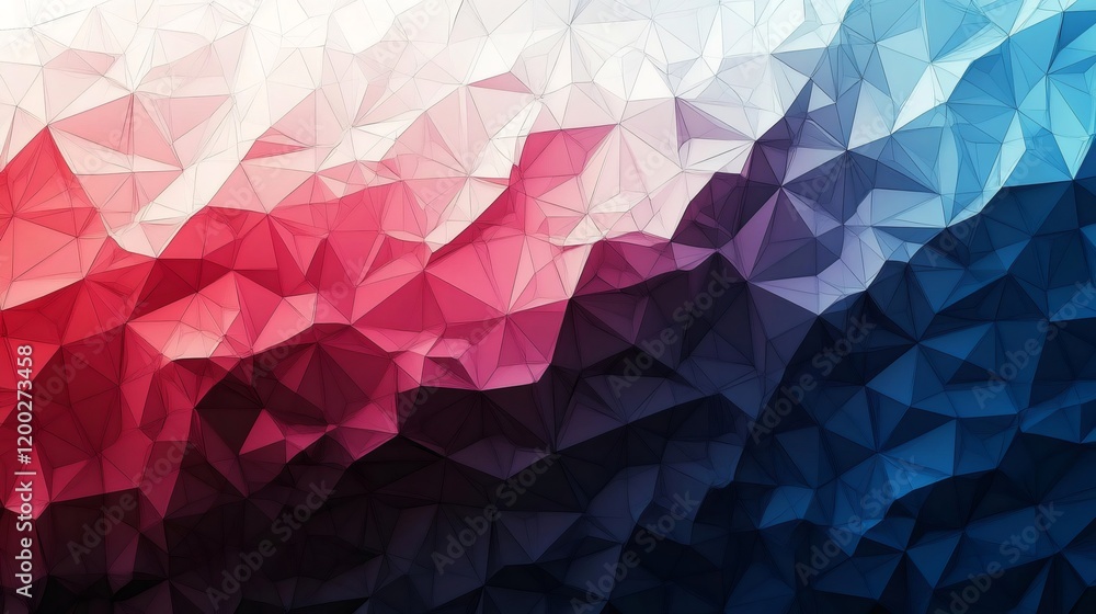 Poster geometric background with low poly triangles creating a gradient from white to red to blue, ideal fo