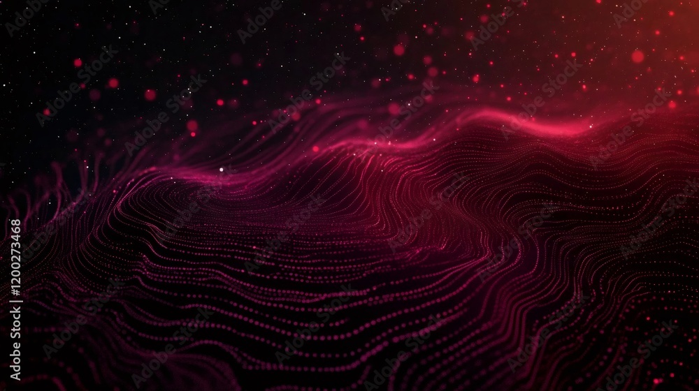 Poster abstract red digital wave with particles flowing in cyberspace, suitable for web design, and other d