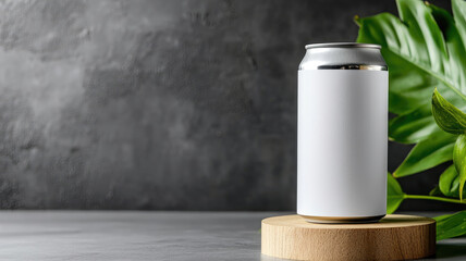 Minimalist beverage can placed on round wooden stand with green leaves in background