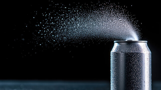 Silver can sprayed with liquid mist, illuminating water droplets