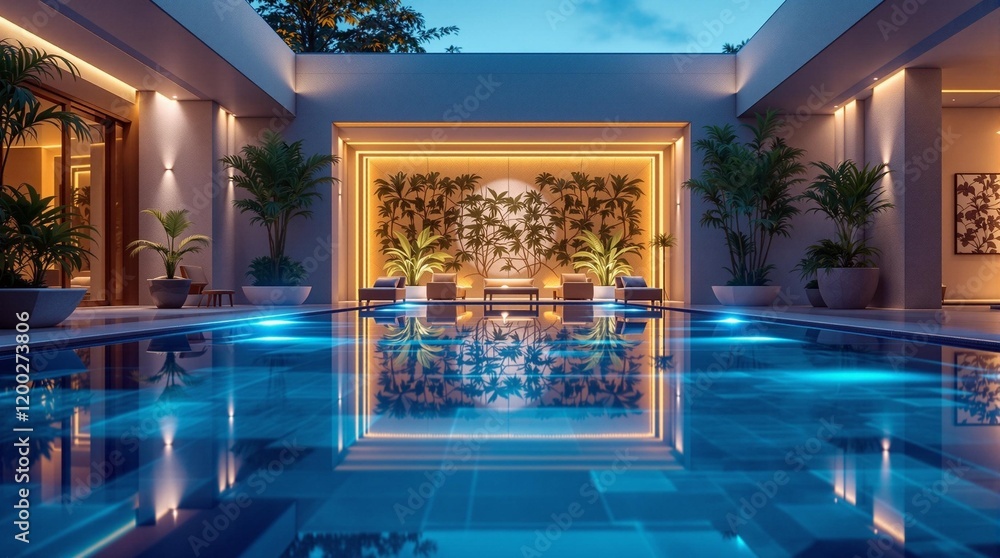 Poster a luxurious outdoor area with a large swimming pool, surrounded by tiled pathways and a spacious pat