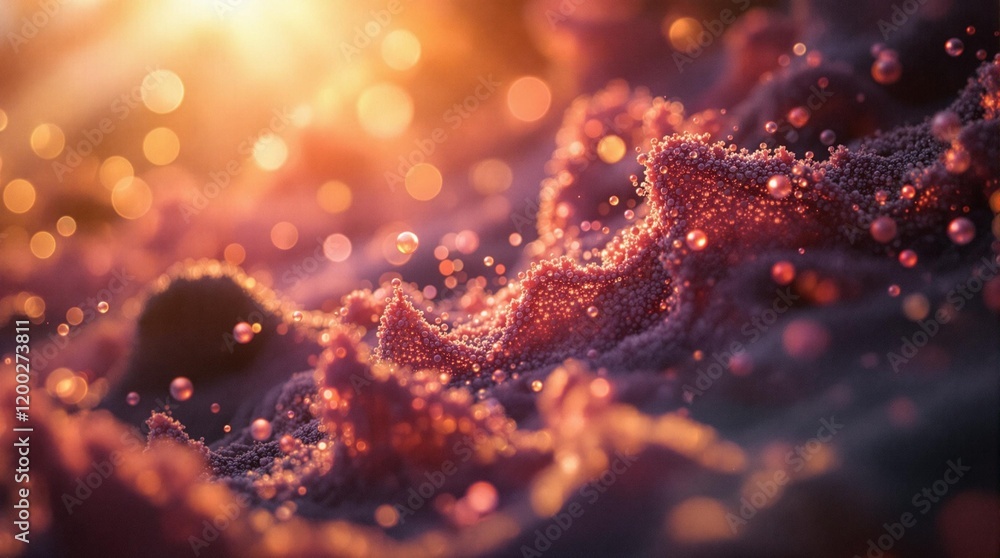 Poster a close-up of a textured surface with a reddish-brown color, featuring small particles or grains scattered across it. The background is blurred, creating a bokeh effect with warm tones.