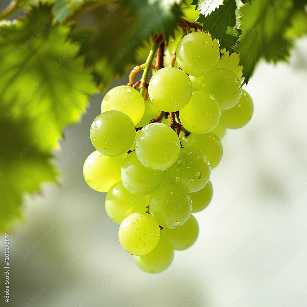 Poster a bunch of green grapes is shown in the image. the grapes have dew drops on them, and the background