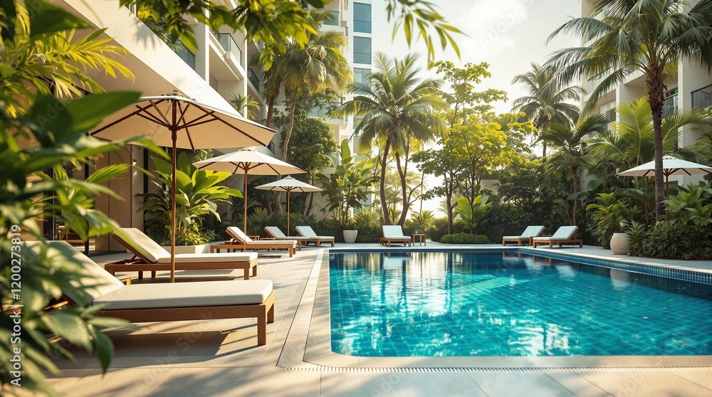 Poster a serene outdoor setting with a swimming pool surrounded by lush greenery, including tropical plants