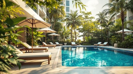 a serene outdoor setting with a swimming pool surrounded by lush greenery, including tropical plants and palm trees. There are two umbrellas providing shade near the pool, and a pool chair is placed b