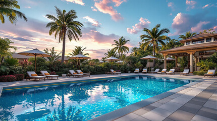 a luxurious pool area with crystal-clear water, surrounded by plush lounge chairs and shaded by tall palm trees. The sky is painted with hues of orange and pink, indicating a beautiful sunset.