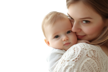 Mother gently cradles her sleeping infant in a serene and loving embrace on a soft surface against a transparent white background