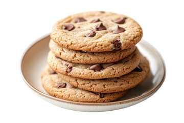 Delicious stack of freshly baked chocolate chip cookies on a brown plate with a transparent background