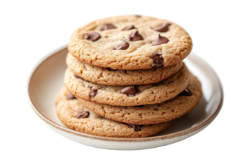 Delicious stack of freshly baked chocolate chip cookies on a brown plate with a transparent background