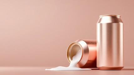 Two metallic cans, one opened and spilling foam, on pink background