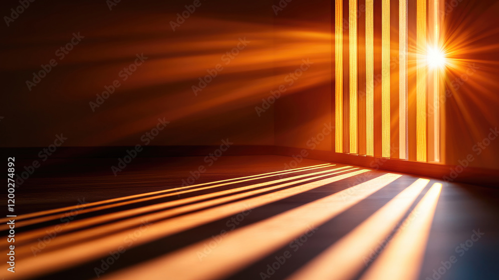 Poster sunlight streams through wooden slats, creating shadow patterns on floor