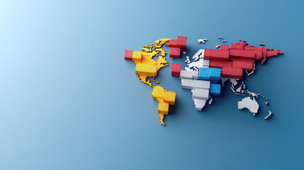 Colorful cubic blocks forming simplified world map on blue background