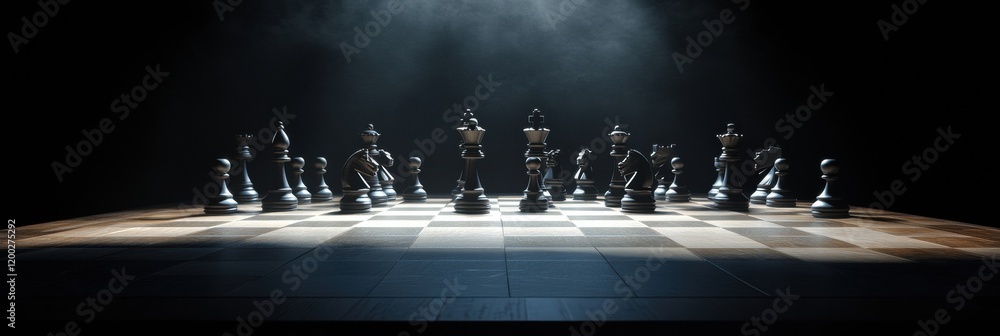Poster chess pieces arranged on a board illuminated by dramatic lighting in a dimly lit environment. genera