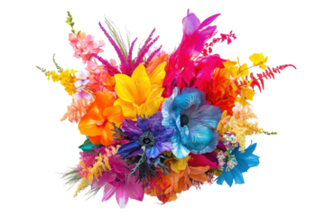 Bright and vibrant flowers bursting in a colorful explosion against a white background creating a joyful and lively atmosphere