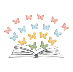 An open hand drawn book with colorful paper butterflies flying out of it. Romantic dreams written in a book. Square vector image on a transparent background.