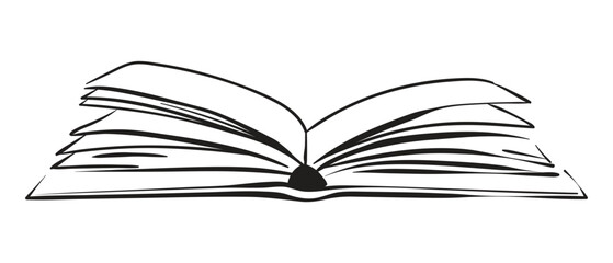 Open book hand drawn on transparent background. Vector image drawn with black lines.