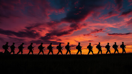 Silhouetted soldiers marching against a vibrant sunset
