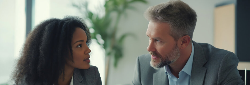 Caucasian businessman discussing business strategy with biracial businesswoman