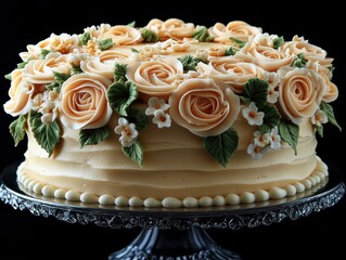 A beautifully decorated cake adorned with rose and flower frosting.