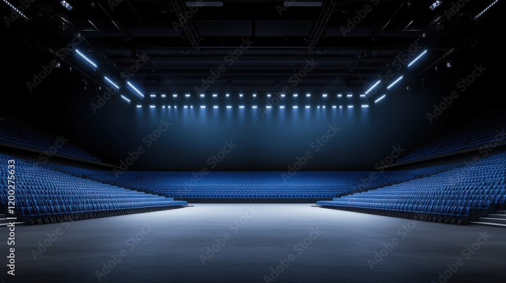 Poster empty modern stadium with illuminated ceiling lights and blue seating arranged in a semi-circular la