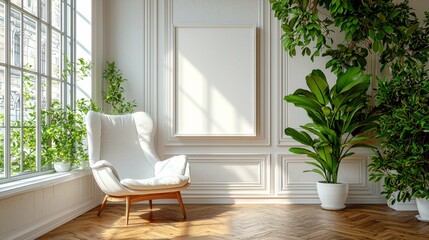 A bright, airy living space featuring a white chair, large windows, and vibrant greenery. The room is designed with minimalistic decor and natural light.