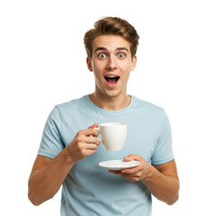 A young man with a surprised look holding a coffee cup, isolated on a transparent background PNG