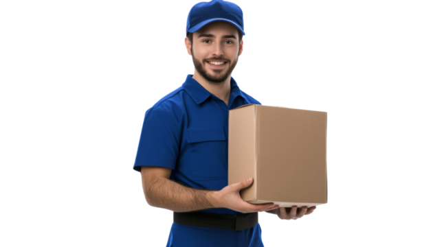 Professional courier in blue uniform holding package, isolated on transparent background