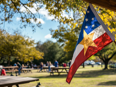 Texas flag waving in park surrounded by people