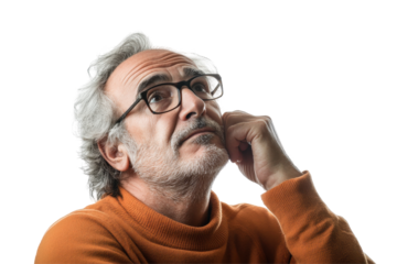 Young woman with short curly hair thoughtfully considering ideas while resting her hands on her chin against a plain white background