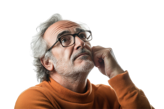 Young woman with short curly hair thoughtfully considering ideas while resting her hands on her chin against a plain white background