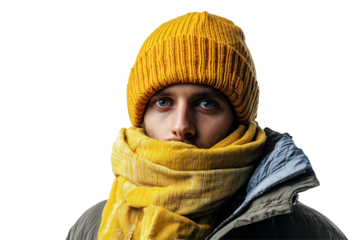 Cheerful young woman in a bright yellow winter jacket with a hood, smiling confidently against a white background during winter season