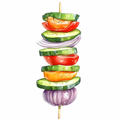 A vibrant skewer stacked with fresh vegetables, showcasing colorful layers of tomato, cucumber, and onion, perfect for healthy eating.