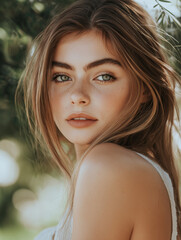 Fototapeta premium Young woman smiling softly with natural background