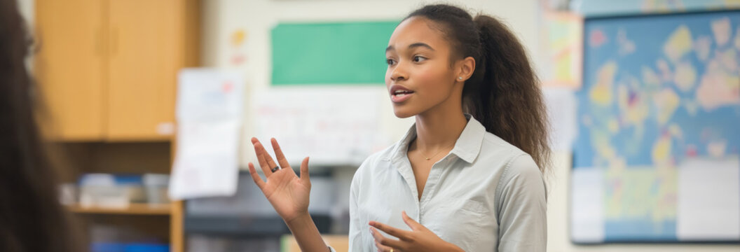 Young biracial female teacher teaches geometry in a high school classroom - Powered by Adobe