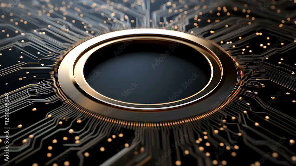 Poster close-up of a circuit board with a circular metallic element, symbolizing innovation and advanced te