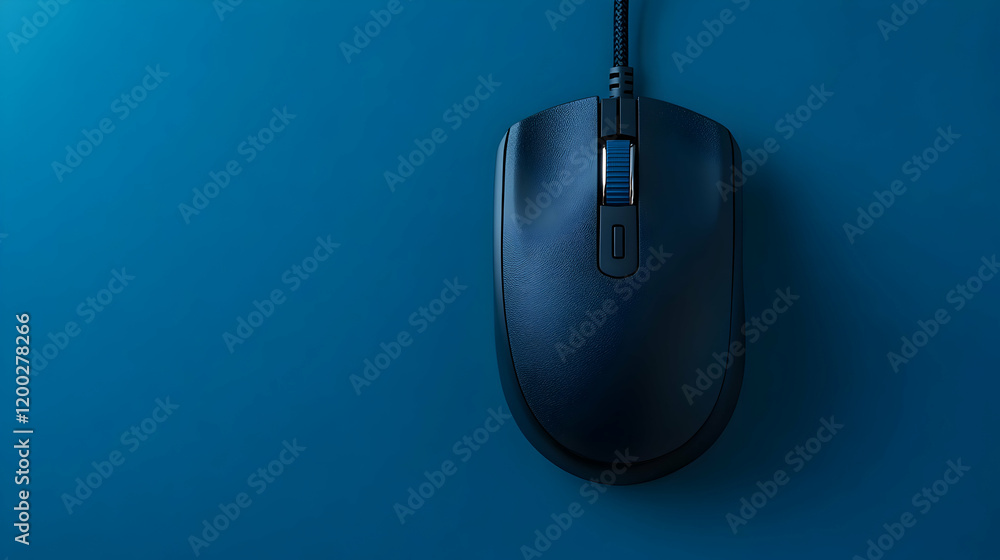 Poster close-up of a sleek black computer mouse on a blue background, symbolizing modern technology and eff