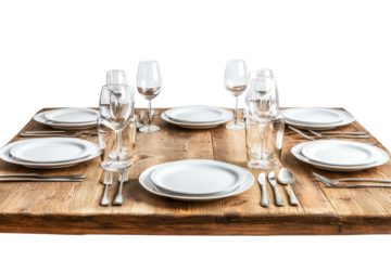 Elegant dining table set with plates, glasses, and cutlery arranged on a rustic wooden surface against a transparent background