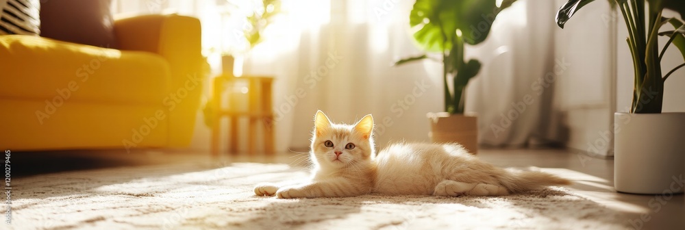 Poster sunny living room filled with light as playful kitten enjoys its time on the soft rug. generative ai