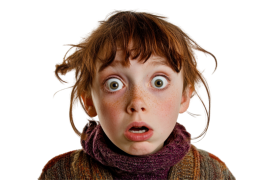 Child displays surprise with wide eyes and open mouth in a neutral setting, expressive face with disheveled hair conveying shock or astonishment