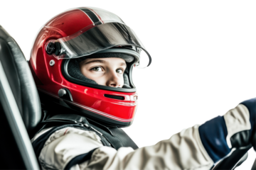 Young racer in a red helmet prepares for competition with focus and determination in a racing car on a transparent background