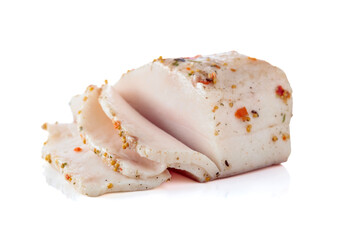 Salted lard with spices isolated on white.