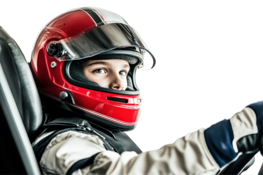 Young racer in a red helmet prepares for competition with focus and determination in a racing car on a transparent background