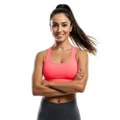 Vitrage gordijnen A fitness trainer woman stretching her arms while wearing sportswear, isolated on a transparent background PNG © Alper AI